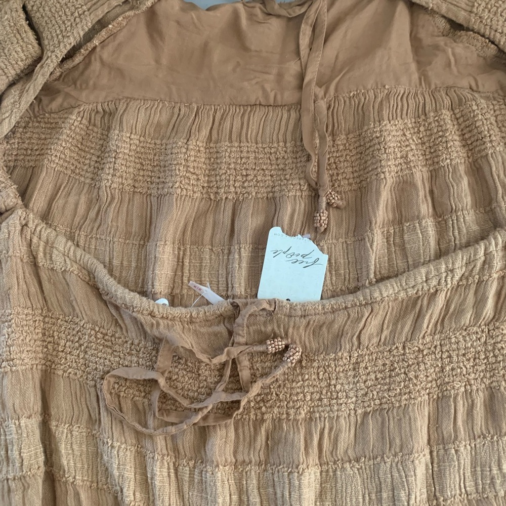 NEW Free People tan wheat babydoll dress size M puff sleeves open back - Picture 8 of 8